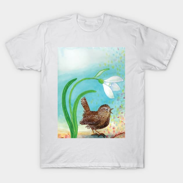 Wren Bird and Snowdrop Sing In the Spring Illustration T-Shirt by Julia Doria Illustration